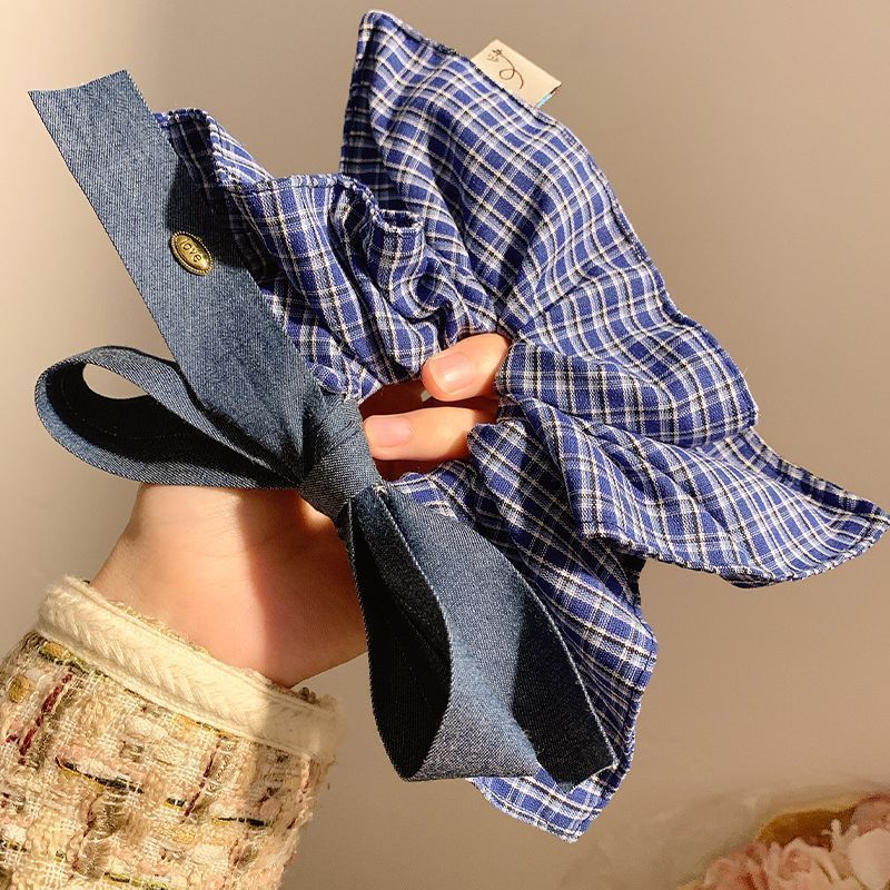 Pudding Denim~Koreaanse stijl strik- en ruitjessjaal voor dames, luxe vierkante haarelastiek voor de herfst en winter_voghion.com