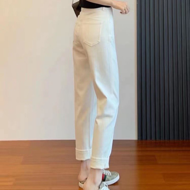 美式复古九分白色牛仔裤女春秋款宽松直筒哈伦裤高腰显瘦老爹裤子|undefined