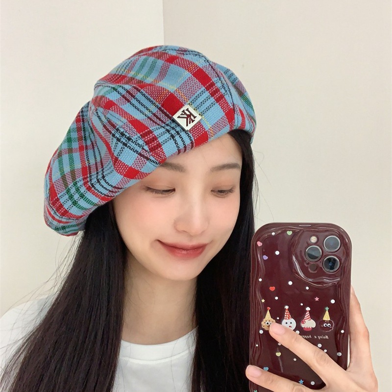 韩版设计师款金属标格纹贝雷帽子女春夏甜酷复古显脸小画家八角帽
