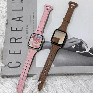 For applewatch soft litchi pattern single stud buckle strap iwatchS9/10 strap vintage apple hand