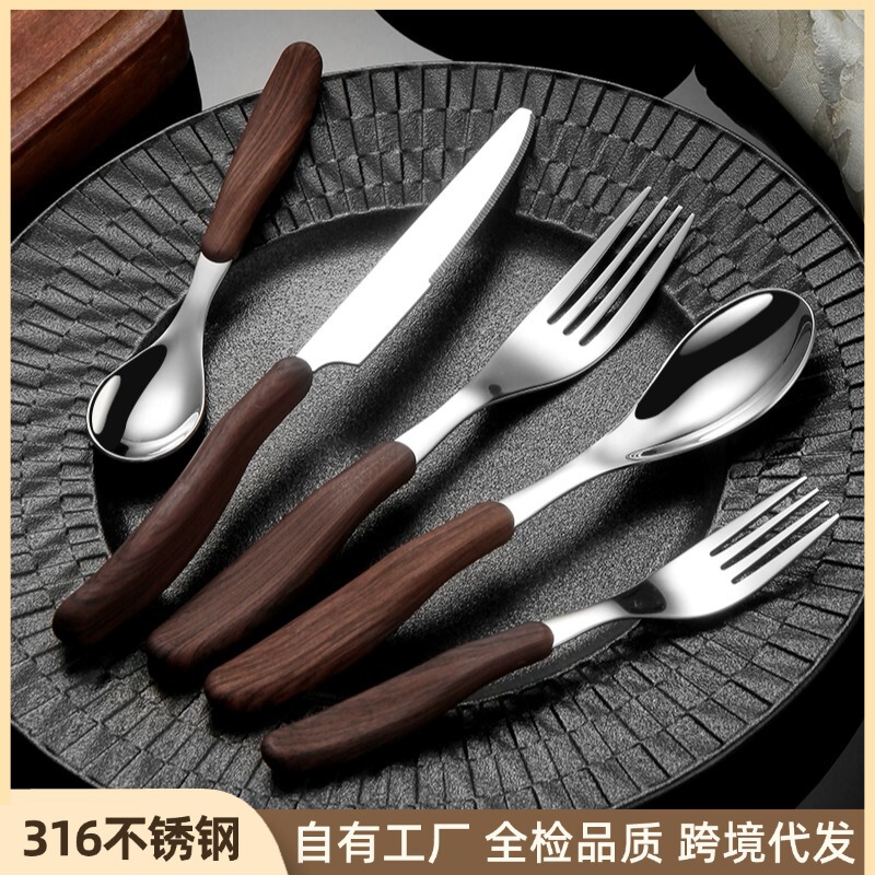 18-10 Imitation Wood Grain Western Food Knife and Fork, High-End Spoon and Fork, Dessert Fork and Spoon, Hotel Steak Knife, Fork and Spoon Wholesale