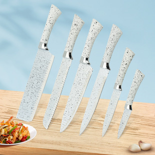 Cross-Border Export Spot Wholesale Stainless Steel Double-Sided Rubber and Plastic Covered Horseshoe Handle Wavy Pattern Kitchen Knife Five-Piece Set