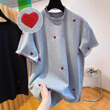跨境欧美爱心刺绣短袖2025夏季立体宽松小众设计感T恤短袖女现货