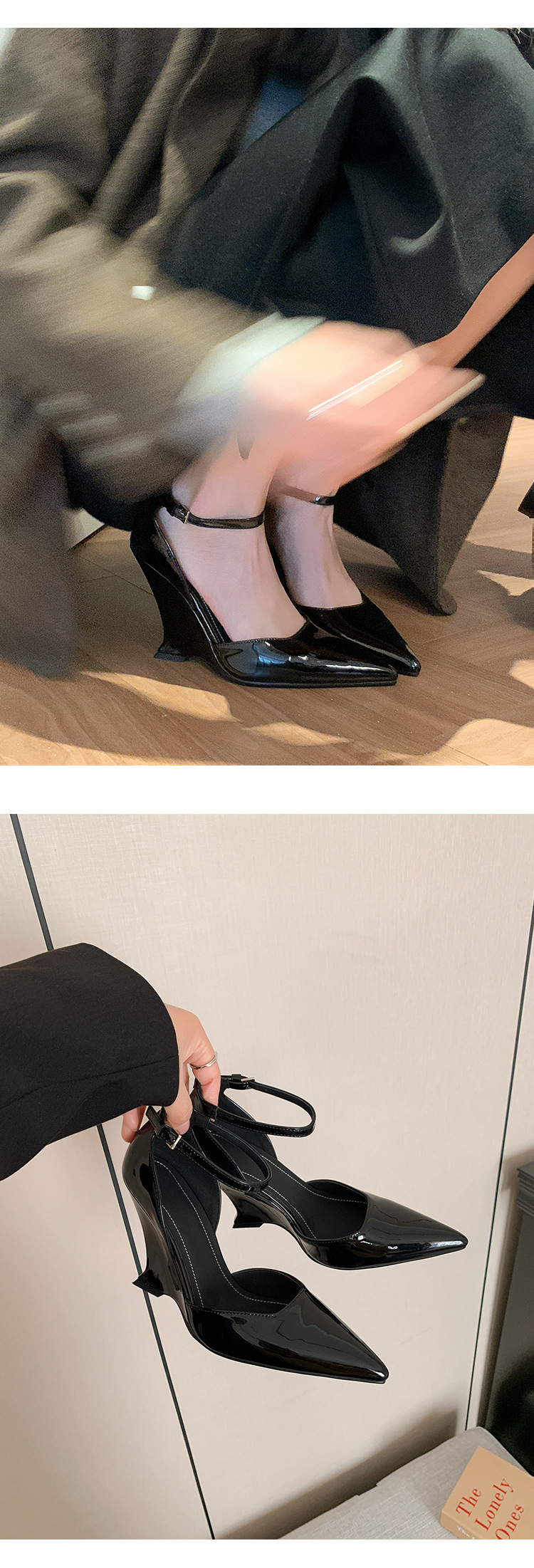Giày sandal cao gót nữ mũi nhọn quai ngang chất liệu da bò sơn cao cấp, gót xuồng 9 cm — màu đen, màu trắng, màu mơ, màu đỏ chi tiết 19