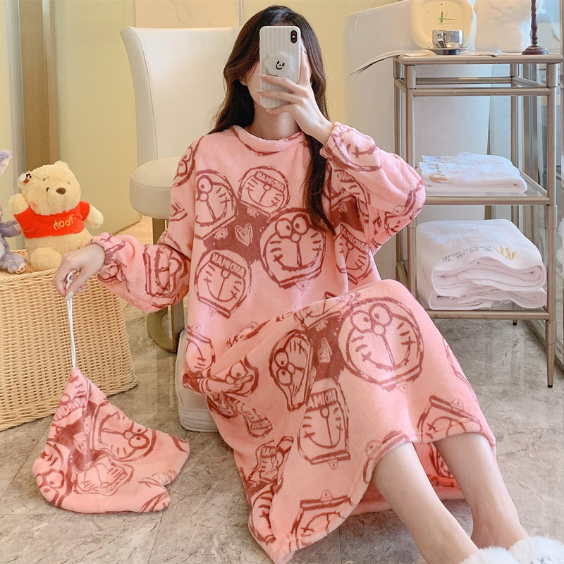 Otoño y invierno pijamas de mujer con bolsas de tela pijamas de franela caliente cuello redondo dulce camisa de coral ropa para el hogar