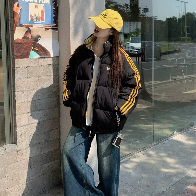 Американский воротник, сшитый в полоску, хлопчатобумажная одежда для мужчин и женщин, чтобы перейти на зимний новый толстый, теплый и толстый