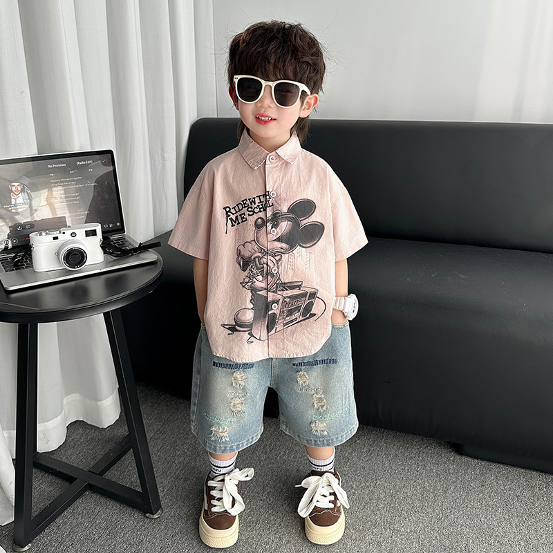 7273 Camisa rosa para niños 2025 nueva camisa de manga corta con estampado coreano para niños de verano