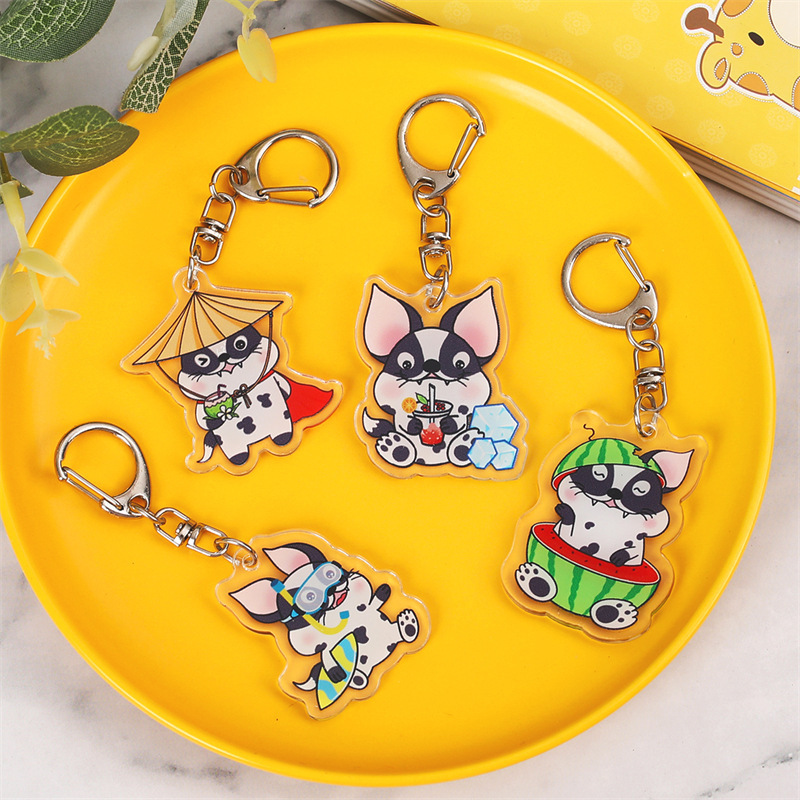 Creative small dog cartoon cute acrylic key chain custom pendant double-sided transparent key chain school bag pendant