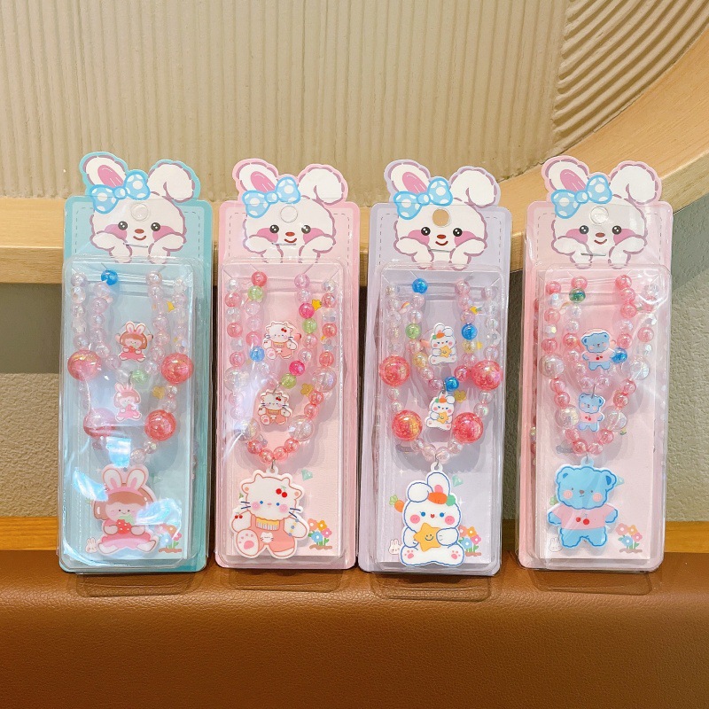 Niños exquisitos collares de dibujos animados pulseras set niñas adorables joyas de perlas princesa viento caja de regalo
