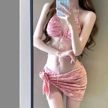 韩国新款分体比基尼泳衣女三件套挂脖露背小胸聚拢性感泡温泉泳衣