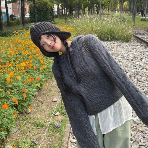 Cozy Knit Cable Knit Cap with Cute Little Flying Man Design, Matching Style from Dongdaemun, South Korea