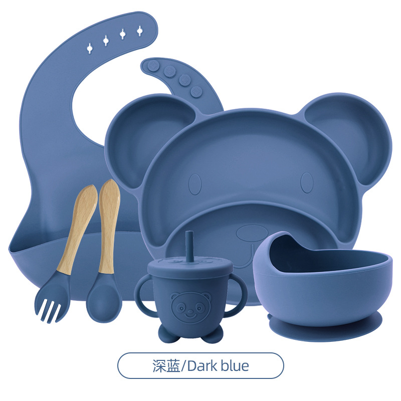 진한 파란색 6 피스 세트 (턱받이 + 작은 미키 플레이트 + 그릇 + 나무 포크 스푼 + 곰 짚 컵)