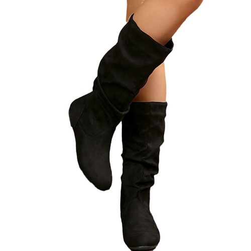 Cross-border wholesale plus-size mid-calf boots for women—autumn/winter new arrival: side-zip pleated stacked boots with flat soles and suede finish, Western-style boots.