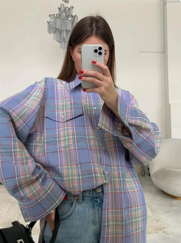 เสื้อแขนยาวฤดูใบไม้ร่วงย้อนยุค ลายตาราง หลายสี ไซส์ S–XL