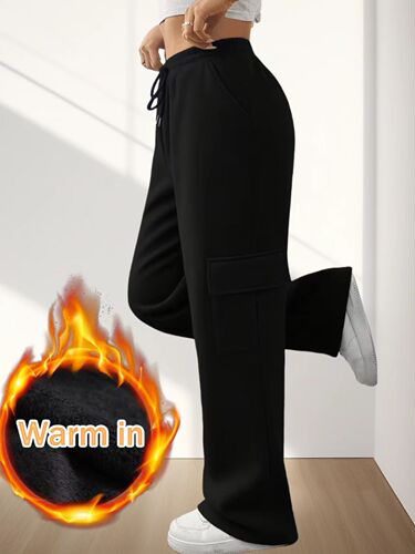 European and American Style Women's Fleece-Lined Loose Straight Pants Casual Sports Wide-Leg Pants Autumn and Winter Women's Fleece-Lined Outerwear Pants