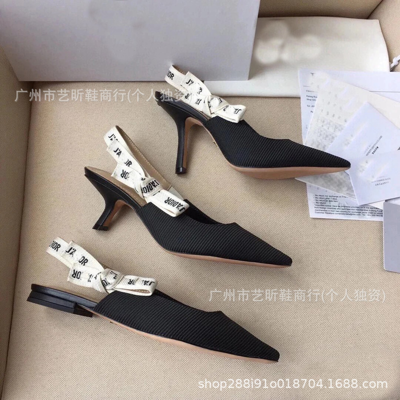 2025 New D Family Alphabet with Bow Cat Heel High Heels Knitted Striped Pointed Toe Shallow Mouth Empty Sandals for Women