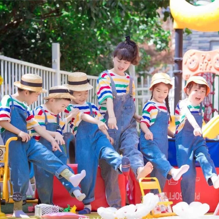 Kindergarten Clothes Children's Summer Rainbow Striped Short-sleeved Blue Strap Shorts Sunshade Suit Class Clothes Western Style Baby