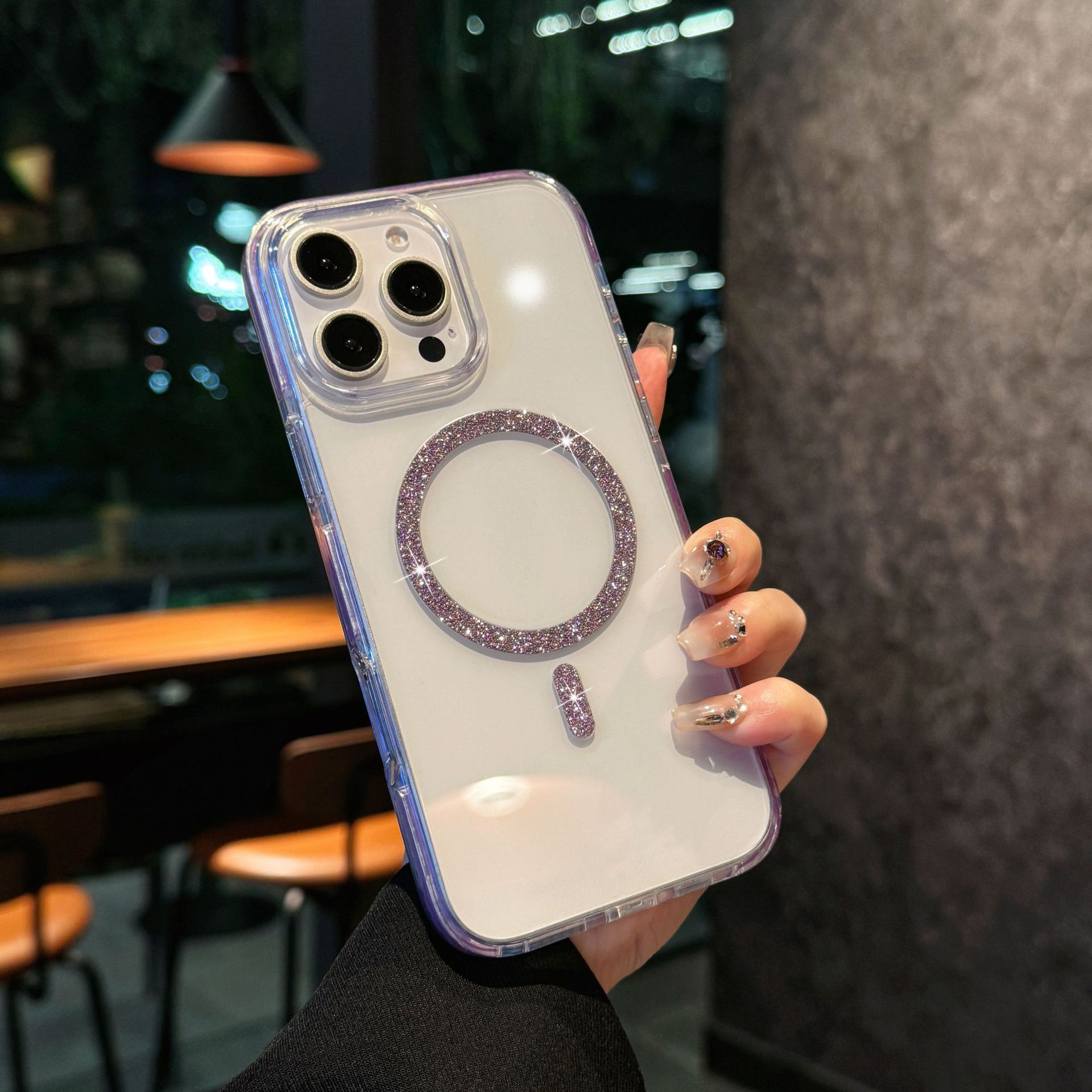 Funda magnética con brillo de cristal de alta transparencia, adecuada para iPhone 17 PRO MAX, iPhone 14, iPhone 15, marco anticaída con bloques de color.