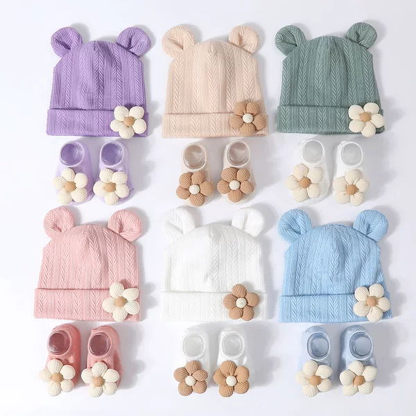 2026 New Newborn Baby Hat and Socks Set Brimless Hat Anti-Scratch Cotton Baby Hat Gloves Newborn