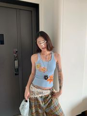 【40番手イミテーションコットン】プリントベスト レディース スリムフィット ノースリーブ サスペンダートップ ブルー アメリカン ホットガール