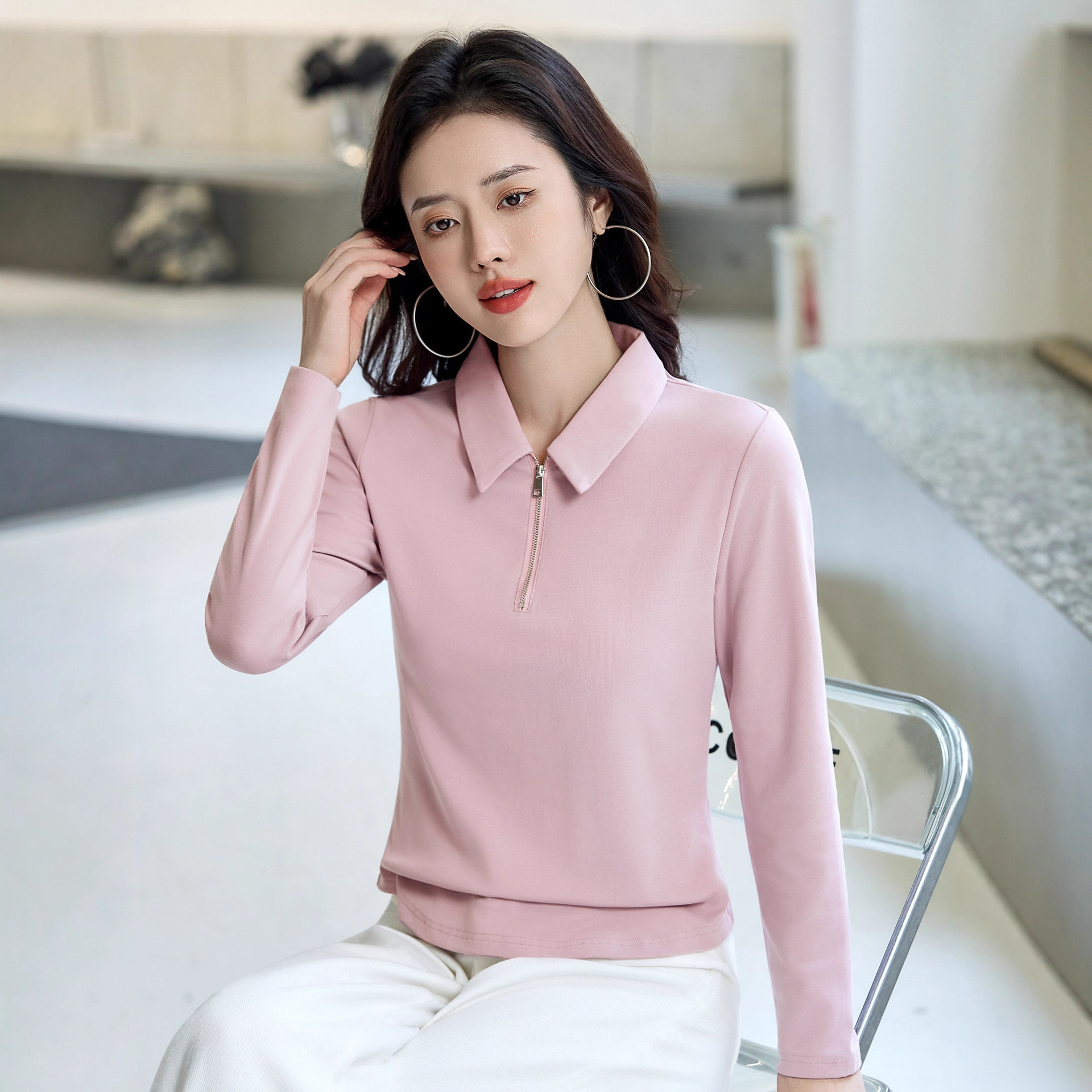 2026 Long-Sleeved Polo Collar Simple Outerwear T-Shirt Women's Base Shirt Spring and Autumn New Slim Fit Solid Color 322