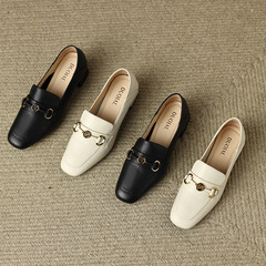 2023新款百搭單鞋粗跟英倫小皮鞋真皮中跟女鞋子一腳蹬樂福鞋女