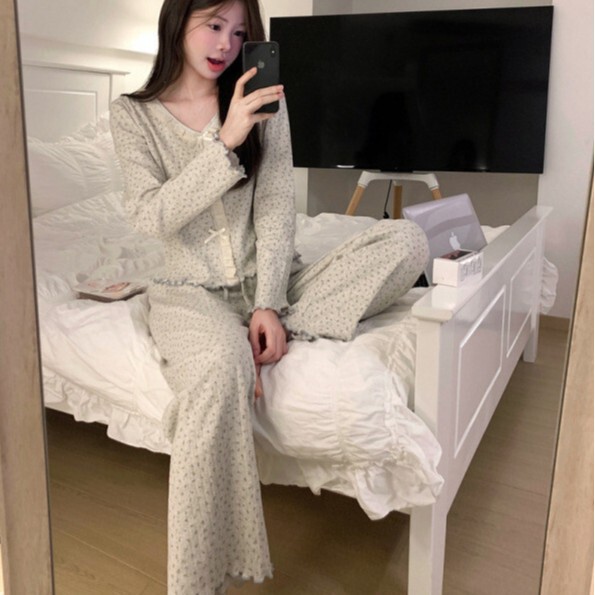 韩国ins女士春秋新品韩系甜美小碎花花边V领卷边家居服睡衣套装女|undefined