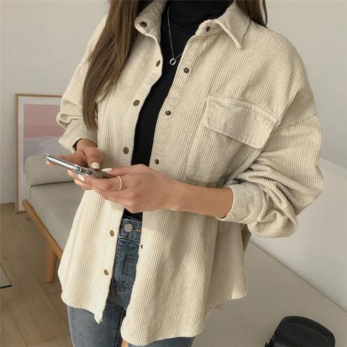 Women's Z-Linen Corduroy Shirt for Outerwear, Spring and Autumn New Retro Hong Kong Style Medium-Length Collar Shirt, Versatile Loose Striped Corduroy Jacket