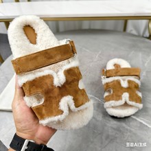 桑坡代购品质欧美大牌真皮女鞋羊皮毛一体H二舅拖毛毛外穿棉拖鞋