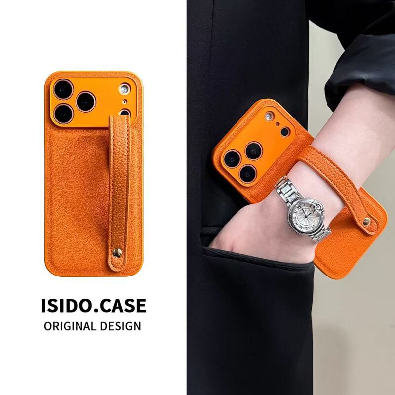 Vibrant Orange Wristband Suitable for Iphone17Promax High-End 16 Autumn and Winter Leather Texture 15 Lens All-Inclusive 14 New Style