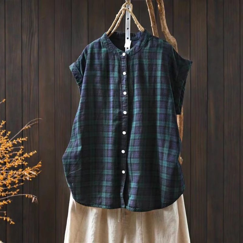 Summer New Cotton Double Gauze Sleeveless Shirt Women's Thin Retro Lazy Style Loose Meat Covering Shirt 2122