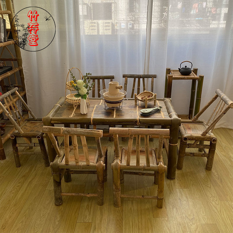中国风老式桌子竹子桌椅全套户外围炉煮茶桌餐桌茶几办公火锅竹桌|undefined