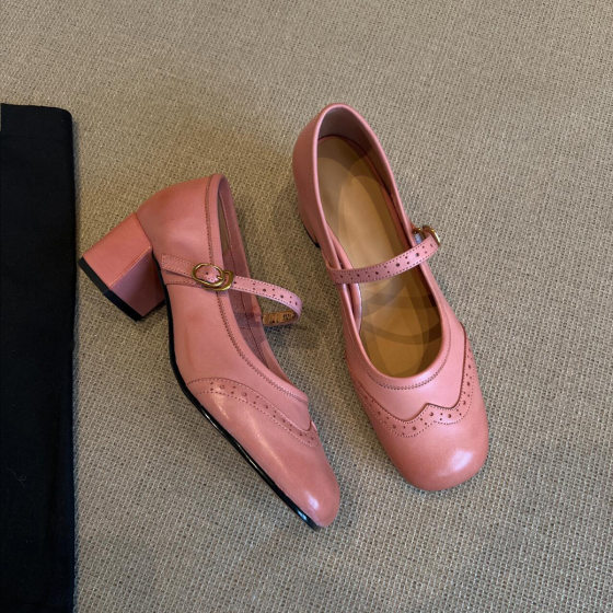 Sheepskin version all-match one-line buckle low-mouth thick heel Mary Jane shoes women's vintage brogue square toe shoes genuine leather single-layer shoes