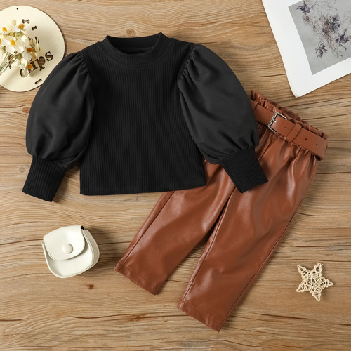 Euro-American style new collection: petite girls' set featuring a puff-sleeve top, leather trousers, and a matching leather belt—three-piece outfit