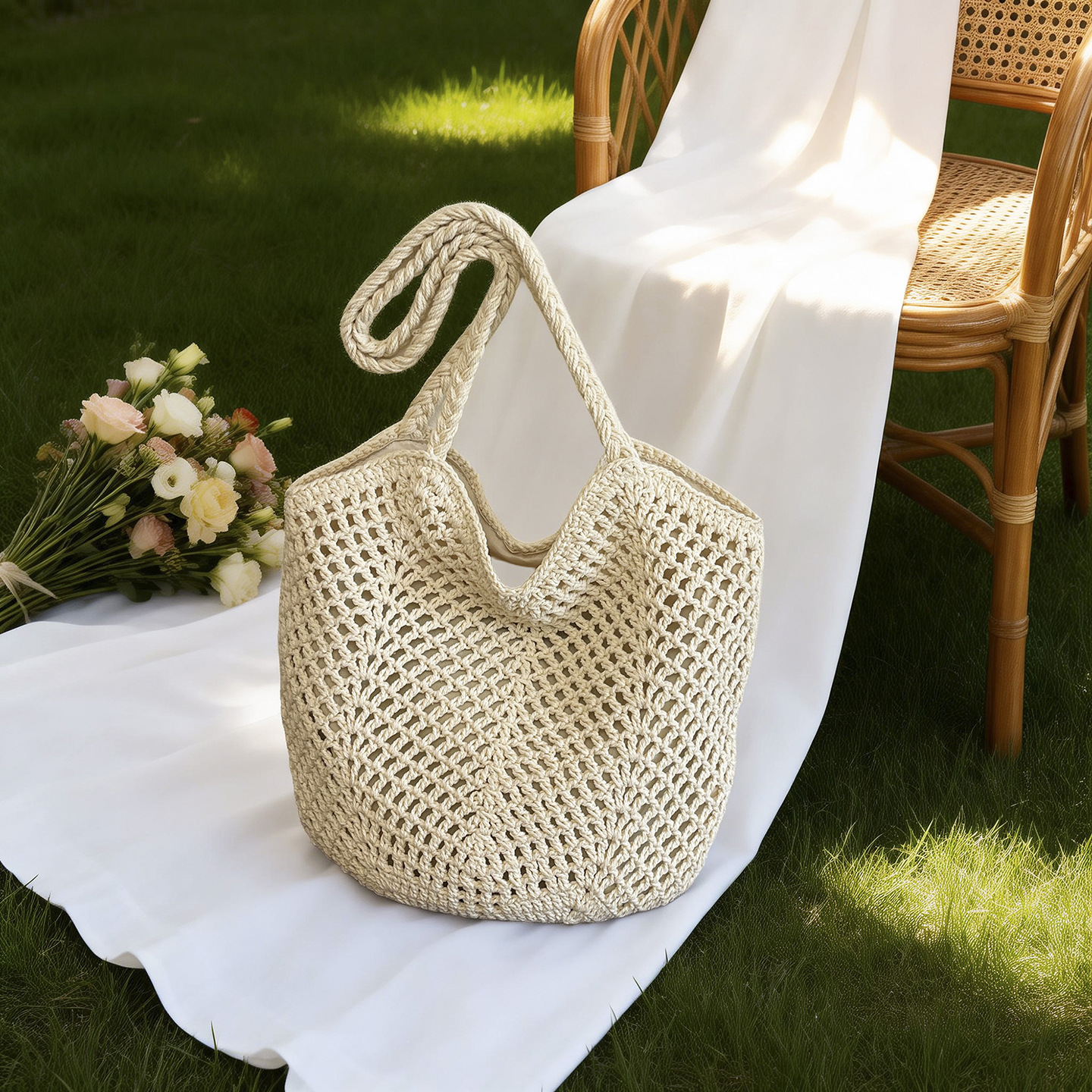 Tote Bag Hollow Cotton Thread Woven Bag for Women 2026 New Casual Commuter Shoulder Bag Large Capacity Seaside Beach Bag