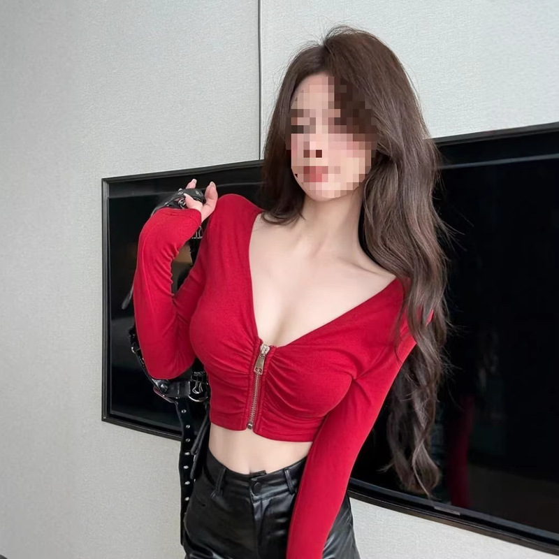 American-Style Pure Desire Spicy Girl Zipper Long-Sleeve T-Shirt for Women, New Autumn Slim-Fit Crop Top