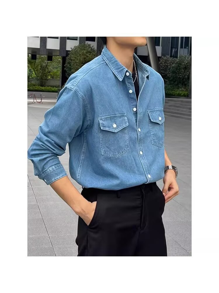 Retro Men's Denim Shirt With Double Pockets - Versatile Style_voghion.com