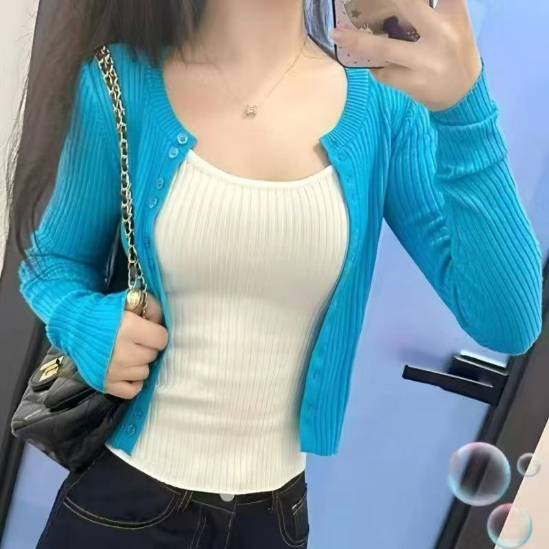 Korean Style Pure Desire Spicy Girl Knit Cardigan with Small Camisole Two-Piece Set for Women, Versatile Slim-Fit Top for Spring and Autumn Korean Style Pure Desire Spicy Girl Knit Cardigan with Small Camisole Two-Piece Set for Women, Versatile Slim-Fit Top for Spring and Autumn