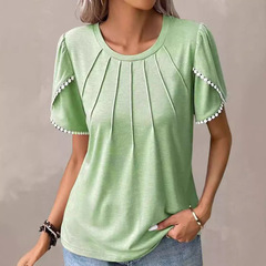 2023跨境歐美女裝亞馬遜夏新款壓褶短袖T恤圓領上衣花瓣袖T恤女
