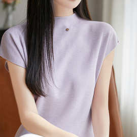 夏季精纺羊毛小飞袖自带领针织短袖t恤女纯色无袖上衣打底半高领