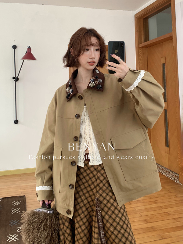 BENYAN本言 秋冬法式复古亮片花朵钉珠装饰慵懒宽松外套女82339|undefined