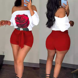 2024欧美亚马逊跨境女装新款套装休闲宽松玫瑰印花连体裤