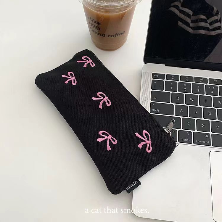 黒のリボン刺繍鉛筆バッグニッチ学生文具収納ガーリーシンプルイン大容量筆箱|undefined
