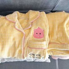 直播跨境冬季保暖加绒加厚睡衣女可爱ins翻领开衫家居服一件代发