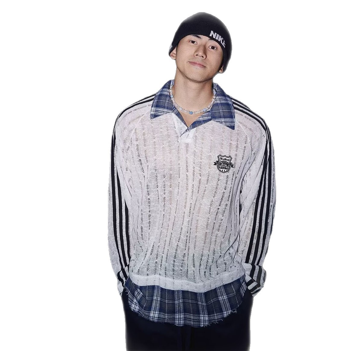 Otoño y invierno nuevo falso de dos piezas de manga larga hombre hueco polo camiseta con solapa cuadrilátero desgastado tela artesanal comercio exterior al por mayor transfronterizo