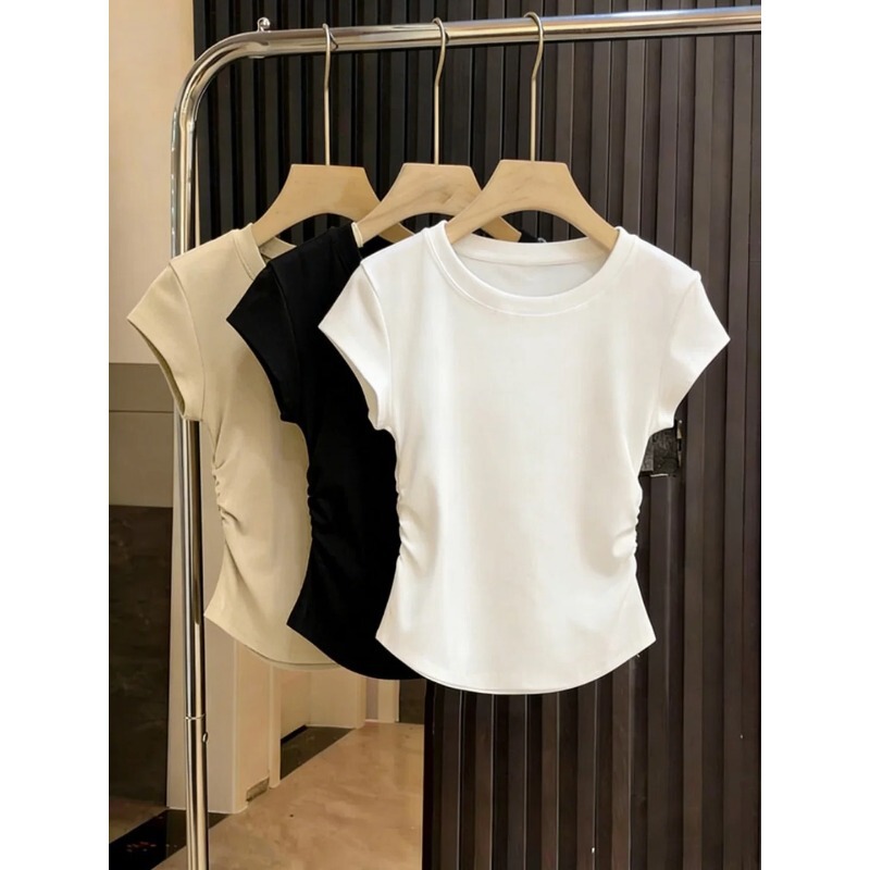 Slim-Fit Short-Sleeve T-Shirt for Women, 2026 New Summer Style, Pure Cotton, Slim-Fit, Ruched, Waist-Cinching, Short, Sweet and Spicy Top