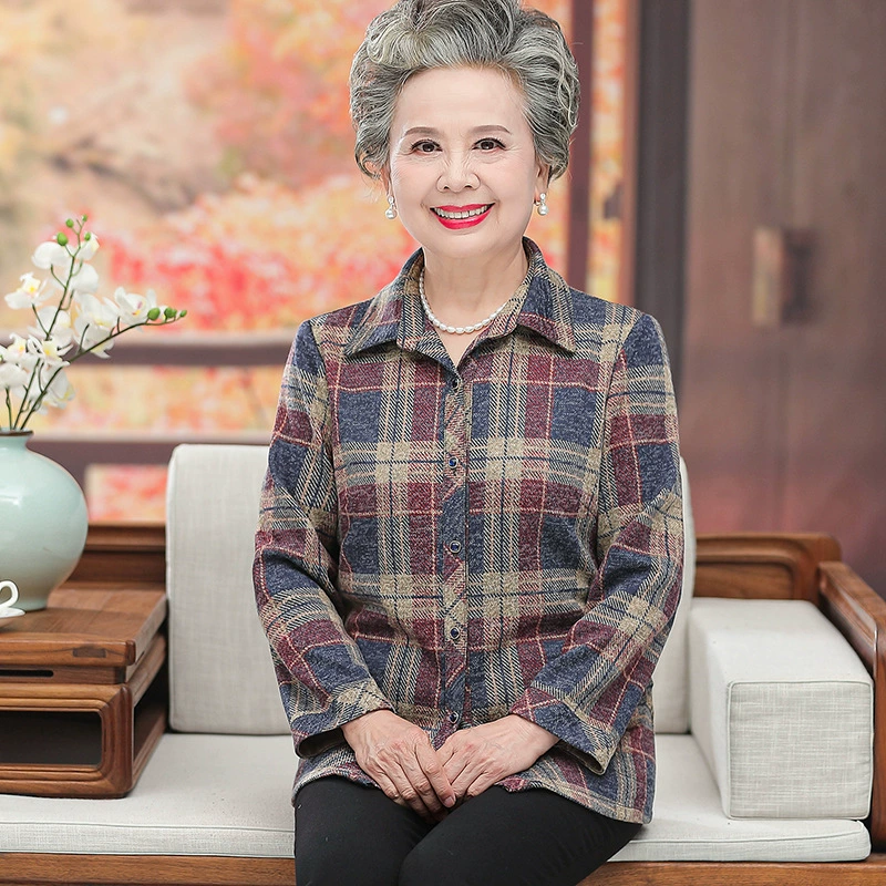 Мама-осень новая рубашка для женщин среднего и пожилого возраста Благородная клетчатая одежда 60 лет-70 лет-рубашка для леди-Бабушки