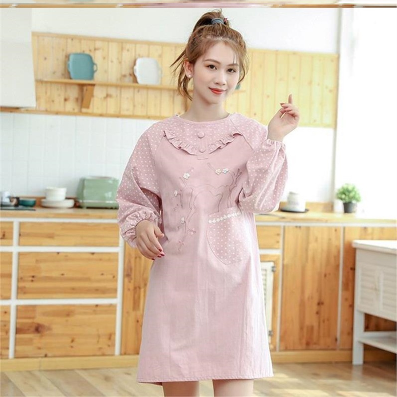 围裙罩衣女纯棉可爱日系时尚家用棉麻防污防油厨房做饭长袖工作服