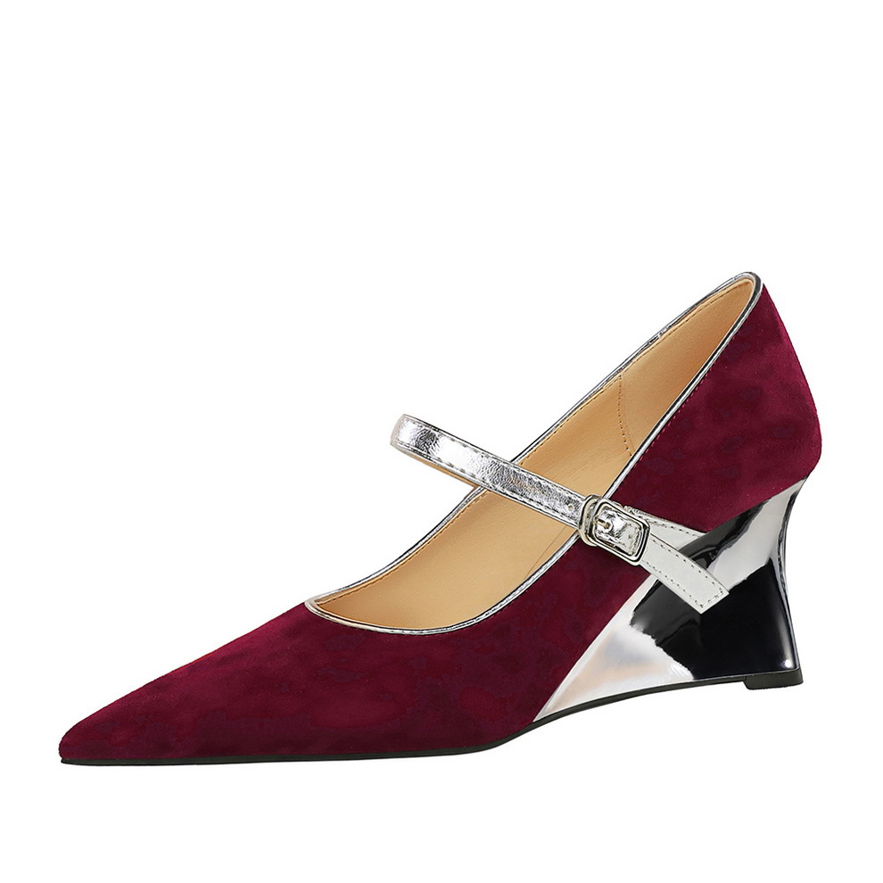 2905-5 European And American Style Banquet Metal Heel Wedge Suede Shallow Mouth Pointed Toe Color Block Single Strap_vogvips.com