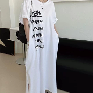 韩系纯棉简约洋气新款个性大版印花T恤连衣裙女宽松显瘦袖裙子潮